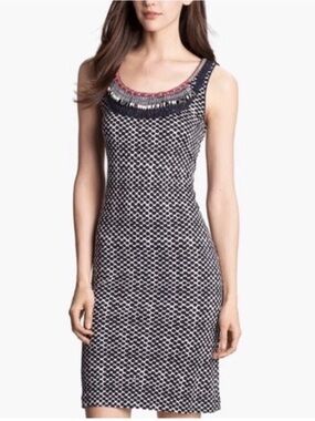 Tory Burch Navy & White Polka Dot Sleeveless Scoop Neck Silk Dress